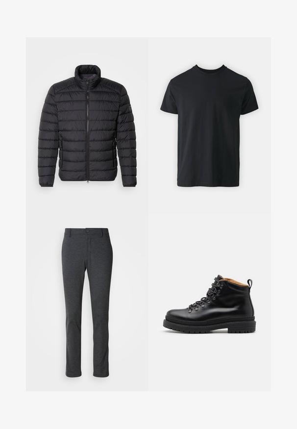 Veste matelassée noire avec un col haut, motif matelassé horizontal, fermeture éclair à l'avant et poches latérales. Texture de tissu lisse.; T-shirt noir en coton à manches courtes avec un col rond et une coupe décontractée. Texture lisse et ourlet droit, sans graphismes ni motifs visibles.; Pantalon droit gris foncé avec fermeture à bouton et à zip, passants de ceinture et texture de tissu lisse.; Zign LEATHER - Bottines à lacets - black