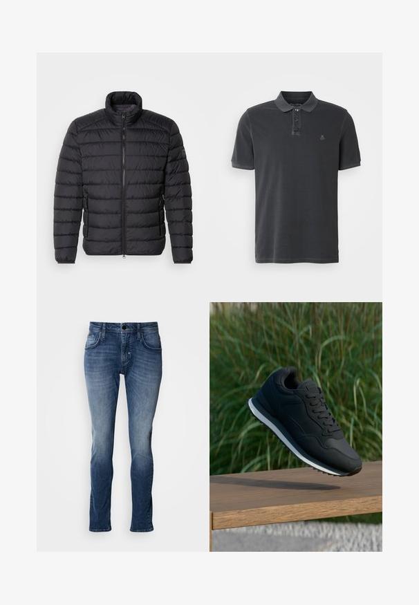 Schwarze Daunenjacke mit hohem Kragen, horizontalem Steppmuster, durchgehendem Reißverschluss und Seitentaschen. Glatte Stofftextur.; Dunkelgraues Poloshirt aus Baumwolle, mit einem Knopfkragen, kurzen Ärmeln und einem gestickten Logo auf der linken Brust.; Blaue Jeans aus Denim mit einem ausgewaschenen Finish, Fünf-Taschen-Design, geradem Bein und Steppnähte. Einfache Knopf- und Reißverschlussöffnung.; Schwarzer Sportschuh mit strukturiertem Obermaterial, Schnürdesign und kontrastierender weißer Mittelsohle; in der Luft über einer Holzoberfläche schwebend.