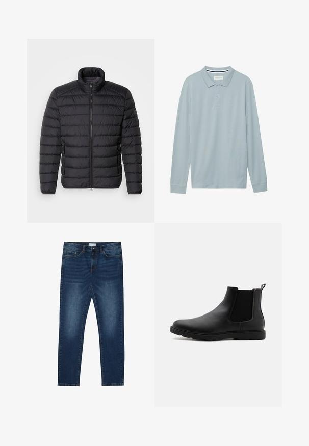 Veste matelassée noire avec un col haut, motif matelassé horizontal, fermeture éclair à l'avant et poches latérales. Texture de tissu lisse.; Polo à manches longues en bleu clair avec un col plat, une patte de boutonnage à trois boutons et un tissu texturé subtil. Présente un col intérieur rayé.; Jean slim-fit bleu foncé avec des détails délavés, design classique à cinq poches, fermeture à bouton et passants de ceinture.; Bottine Chelsea en cuir noir avec des panneaux latéraux en élasthanne, une languette et une semelle en caoutchouc durable. Texture lisse et design épuré.