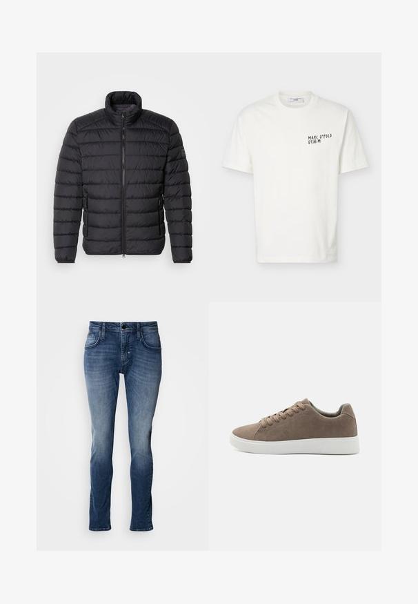 Schwarze Daunenjacke mit hohem Kragen, horizontalem Steppmuster, durchgehendem Reißverschluss und Seitentaschen. Glatte Stofftextur.; Weißes T-Shirt mit kurzen Ärmeln und Rundhalsausschnitt mit schwarzem "Marc O’Polo Denim"-Logo auf der linken Brust.; Blaue Jeans aus Denim mit einem ausgewaschenen Finish, Fünf-Taschen-Design, geradem Bein und Steppnähte. Einfache Knopf- und Reißverschlussöffnung.; Braune Wildledersneaker mit flachen weißen Gummisohlen, Schnürdesign, abgerundete Zehen und einer glatten Textur. Minimalistischer Stil mit dezenten Nähdetails.