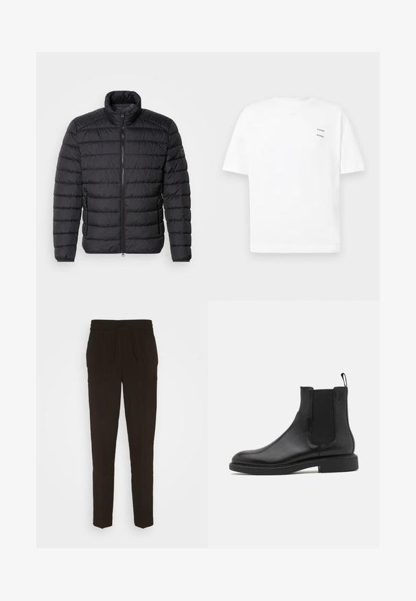 Schwarze Daunenjacke mit hohem Kragen, horizontalem Steppmuster, durchgehendem Reißverschluss und Seitentaschen. Glatte Stofftextur.; Weißes Baumwoll-T-Shirt mit lässiger Passform, kurzen Ärmeln und V-Ausschnitt. Verfügt über zwei kleine schwarze gedruckte Logos auf der linken Seite.; Schwarze, lange, schmal zulaufende Hose aus einem weichen, glatten Material. Mit einem elastischen Bund und einem Kordelzug für eine verstellbare Passform.; Schwarze Leder-Ankle-Boots mit glatter Textur, elastischen Seitenpaneelen und einer Zuglasche. Runde Zehenpartie und flache Gummisohle mit minimalem Profil.