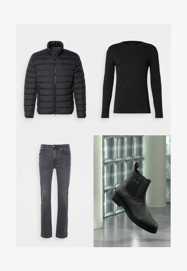Veste matelassée noire avec un col haut, motif matelassé horizontal, fermeture éclair à l'avant et poches latérales. Texture de tissu lisse.; T-shirt noir à manches longues en tissu doux. Il présente un col rond et une silhouette ajustée sans graphiques ou embellissements visibles.; Jean en denim gris avec une coupe droite, présentant des poches avant et une fermeture à bouton classique. Texture lisse avec un léger dégradé.; Bottine noire en cuir avec panneau latéral élastique et languette, présentée dans un cadre intérieur moderne avec un mur en blocs de verre en arrière-plan.
