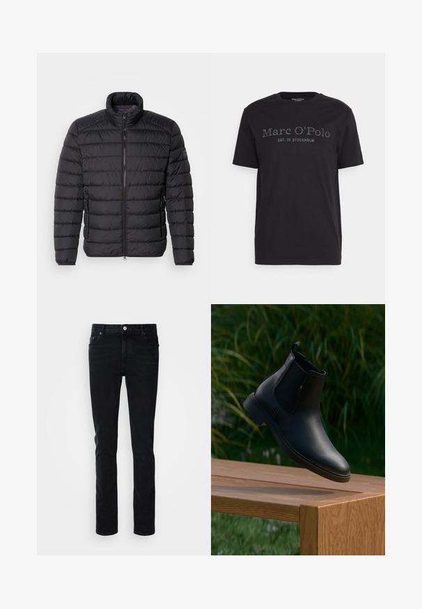 Zwarte pufferjack met hoge kraag, horizontaal gestikt patroon, ritssluiting aan de voorkant en zijzakken. Gladde stoftextuur.; Zwarte katoenen T-shirt met ronde hals en korte mouwen. Op de voorkant staat "Marc O'Polo" en "EST. IN STOCKHOLM" in contrasterende print.; Zwarte denim jeans met een slim fit, voorzien van een front pocket, riemlussen en een knoopsluiting. Gladde textuur, minimalistisch ontwerp.; Zwarte leren enkellaars die boven een houten bank zweeft, met een groene gras- en plantenondergrond in de vage achtergrond.