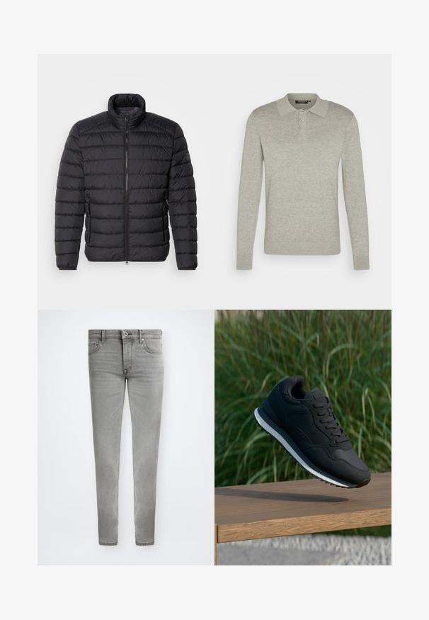 Veste matelassée noire avec un col haut, motif matelassé horizontal, fermeture éclair à l'avant et poches latérales. Texture de tissu lisse.; Polo à manches longues de couleur gris clair, fabriqué en tissu doux, avec une patte de boutonnage à trois boutons et des poignets côtelés, avec un design de col classique.; Jeans en denim gris slim fit avec fermeture à boutons, passants de ceinture et design à cinq poches, affichés à plat sur un fond blanc.; Chaussure de sport noire avec une tige texturée, un laçage et une semelle intermédiaire blanche contrastante ; présentée en l'air au-dessus d'une surface en bois.