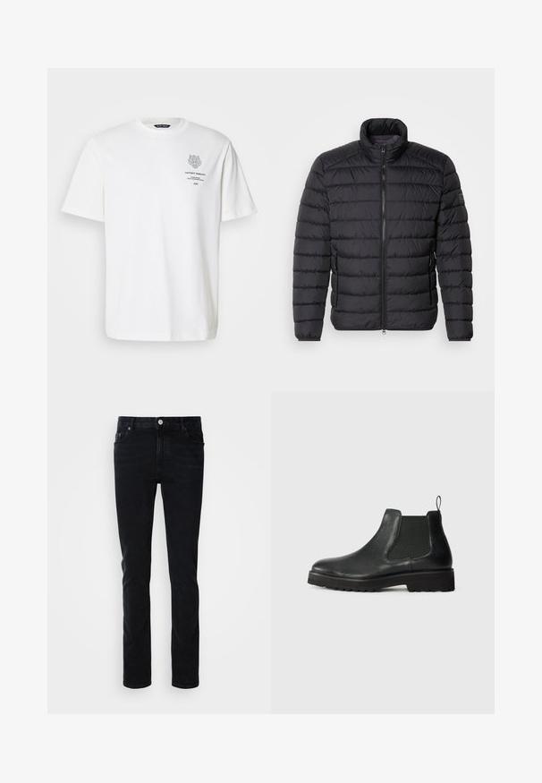 Sort dunjakke med høj krave, vandret quiltet mønster, lynlås lukning foran og sidelommer. Glat stofstruktur.; Hvid bomulds t-shirt med rund halsudskæring, korte ærmer og et trykt logo og tekstdesign på forsiden i grå.; Sort denimjeans i slim fit, med en frontlomme, bæltestropper og knaplukning. Glat tekstur, minimalistisk design.; Sorte læder chelsea-støvler med elastisk sideskæring, afrundet tå, tekstureret sål og lille hængsel ved hælen.