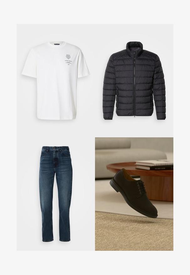 Sort dunjakke med høj krave, vandret quiltet mønster, lynlås lukning foran og sidelommer. Glat stofstruktur.; Hvid bomulds t-shirt med rund halsudskæring, korte ærmer og et trykt logo og tekstdesign på forsiden i grå.; Mørkeblå lige bukser med frontknap og lynlås, fem-lomme design og subtil fading på lår og knæ.; Sort læder snøresko til formelle lejligheder, der svæver over en beige tekstureret tæppe med et træ sofabord og stabler af bøger i baggrunden.