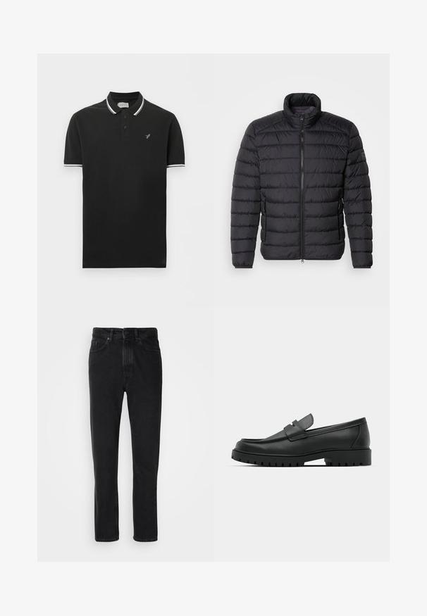 Black puffer jacket with a high collar, horizontal quilted pattern, front zipper closure, and side pockets. Smooth fabric texture.; Black short-sleeve polo shirt with white trim on collar and sleeves, two-button placket, and small gray bird logo on left chest.; Black denim jeans with a straight leg design, featuring a button and zipper closure, front pockets, and subtle texture.; Black leather loafers with a rounded toe, featuring a stitched design, low platform sole, and a textured, lugged rubber outsole.