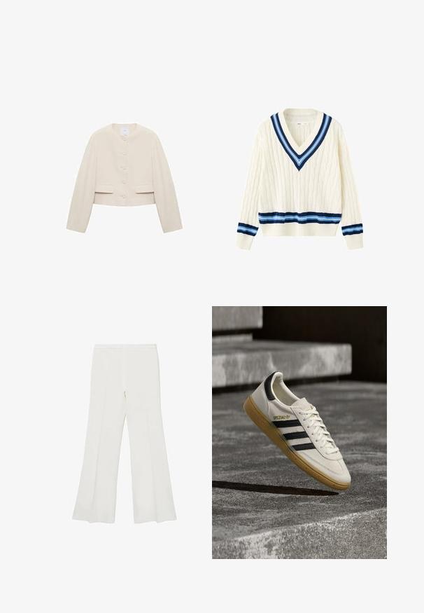 Beskåret jakke i beige stof; rund halsudskæring, frontlukning med seks knapper, to frontlommer, lange ærmer, minimalistisk design.; Cream strikket sweater med dyb V-hals, marineblå og lyseblå striber på krave, manchetter og kant, samt kabelstrikmønster over det hele.; Hvide flagrende bukser med en glat tekstur og rene linjer, udstyret med en mellemhøj talje og uden synligt hardware eller mønstre.; Hvid Adidas Spezial sneaker med sorte striber og gummisål, svævende over grå stentrin udendørs.