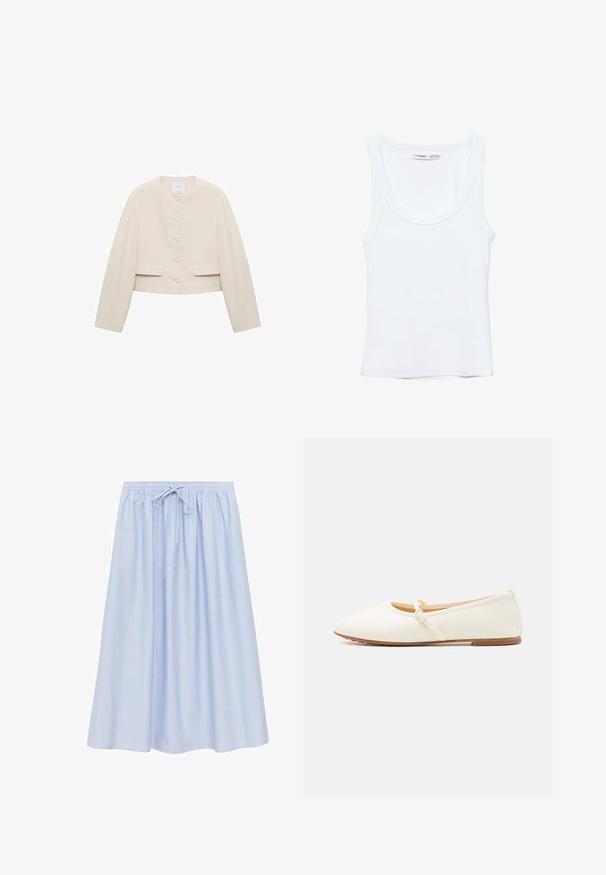 Beskåret jakke i beige stof; rund halsudskæring, frontlukning med seks knapper, to frontlommer, lange ærmer, minimalistisk design.; Hvid, ærmeløs top med rund halsudskæring, lavet af blødt stof. Mærkat indeni kraven viser mærke og størrelsesoplysninger.; Lyseblå, knælang nederdel med løs pasform, der har en elastisk talje og justerbare snore. Glat, letvægtsstof.; Creme ballet flats med en glat overflade, rund tå, en tynd ankelrem og en flad sål. Simpelt design uden yderligere udsmykninger.