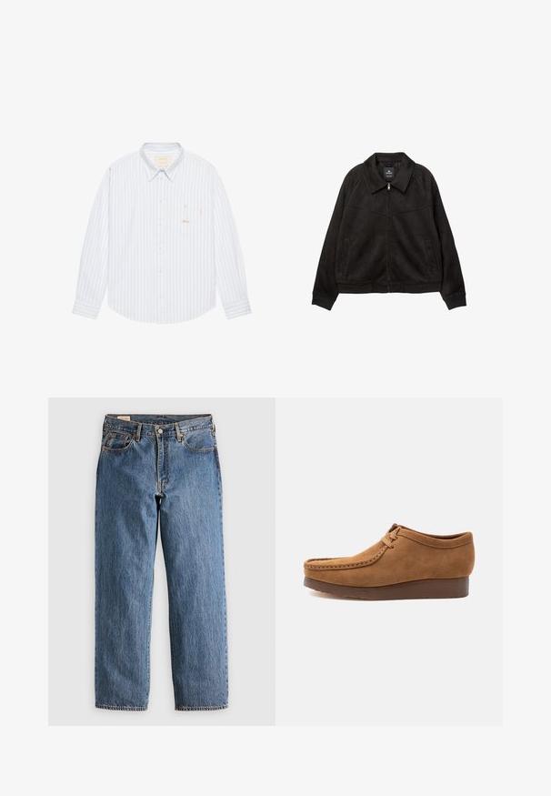 Veste bomber en suède noir avec col, fermeture éclair sur le devant et poches latérales ; présente une coupe décontractée et des poignets et ourlet côtelés.; BLKVIS SCRIPT - Chemise - skyway; Jeans en denim bleu avec une coupe droite, présentant une taille haute, des rivets en cuivre et des coutures orange. Poches avant et arrière incluses.; Mocassin à lacets en daim marron avec semelle épaisse foncée, vue latérale sur fond clair uni.