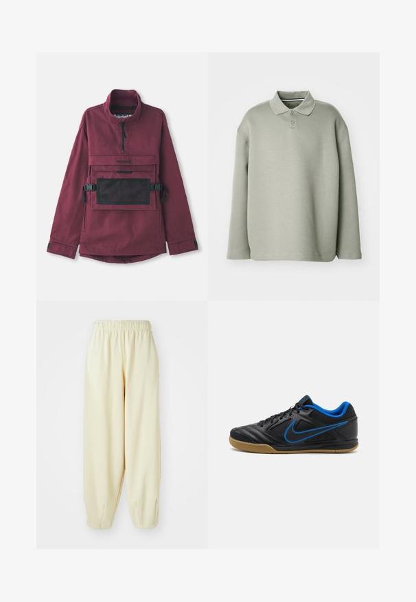 Burgunderfarbener Pullover-Jacke mit hohem Kragen, schwarzer Netzschultertasche, verstellbaren schwarzen Trägern und elastischen Bündchen. Strapazierfähige Stoffstruktur.; Grünes Langarm-Polohemd aus weichem Stoff. Besitzt einen Kragen, eine dreiknöpfige Knopfleiste und eine lockere Passform mit gerippten Bündchen.; Cremefarbene Sweatpants mit einem elastischen Bund, schmal zulaufenden Beinen und einer lockeren Passform. Hergestellt aus weichem, leichtem Material.; Schwarze Sportschuhe mit blauen Akzenten, strukturierter Synthetik-Oberfläche, Schnürverschluss und Gummisohle. Merkmale ein auffälliges Logo-Detail an der Seite.