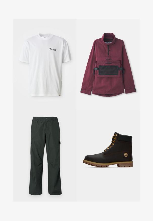 Bordeaux pulloverjakke med høj krave, lomme i sort mesh på brystet, justerbare sorte stropper og elastiske manchetter. Holdbart stof.; Hvid bomulds T-shirt med korte ærmer og rund hals. Har en sort "Dickies" logo trykt på venstre bryst.; Mørkegrøn cargo bukser med en afslappet pasform, elastisk talje, sydde lommer og en glat, let stofstruktur.; Sorte læder ankelstøvle med gyldne øjer, brune detaljer og gummisål. Har en polstret krave og præget logo på siden.