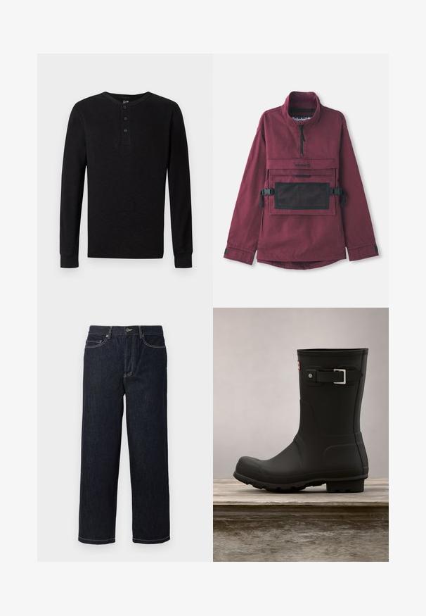 Bordeaux pullover jack met een hoge kraag, zwarte mesh pocket op de borst, verstelbare zwarte banden en elastische manchetten. Duurzame stofstructuur.; Zwarte langelijf henley-shirt met een drieknoopsluiting bij de hals, zachte textuur en geribbelde manchetten, met een klassieke pasvorm en minimalistisch ontwerp.; Donkerblauwe rechte denim jeans met vijf zakken en witte contraststiksels, knoopsluiting en riemlussen.; Zwarte rubberen regenlaars met een lage hak, ronde neus en een zilveren gespaccent. Heeft een gestructureerde zool voor extra grip.