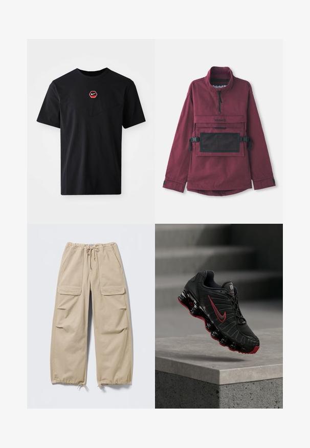Bordeaux pulloverjakke med høj krave, lomme i sort mesh på brystet, justerbare sorte stropper og elastiske manchetter. Holdbart stof.; Sort kortærmet T-shirt i bomuld med et sekskantet rødt og hvidt Nike-logo på brystet og en rund halsudskæring.; Beige cargobukser med vide ben, snoretræk i talje og ved benslutterne, klaplommer på lårene og sidelommer med slidser.; Sort og rød Nike atletiksko med synlig fjederlignende sål balancerende på kanten af et betontrin.