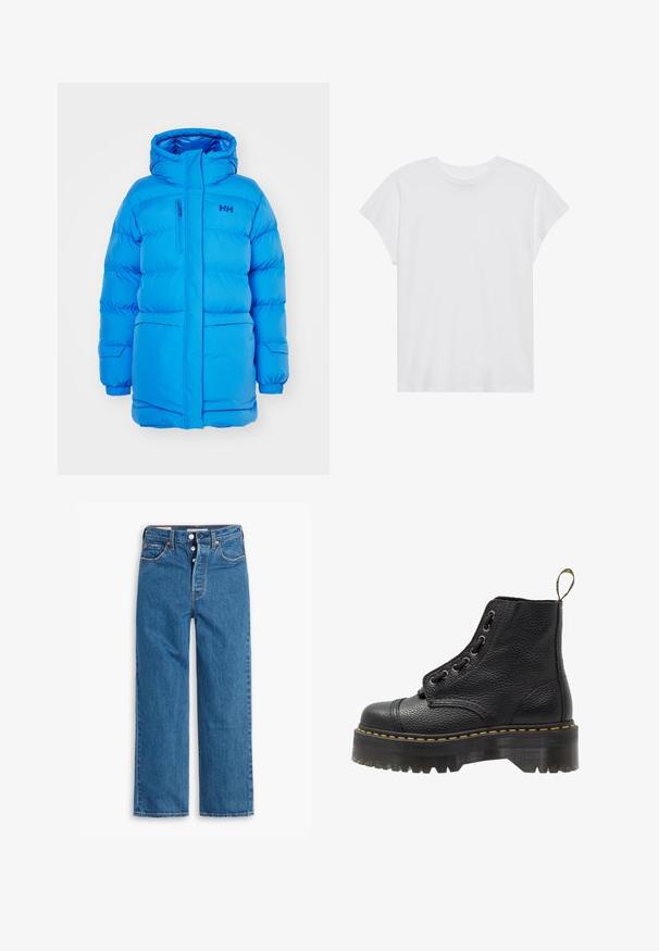 Chaqueta tipo puff azul con capucha, que cuenta con un bolsillo en el pecho con cremallera, puños elásticos y un logotipo destacado en la parte superior izquierda.; Camiseta blanca de manga corta con cuello redondo, corte relajado, hecha de suave tela de algodón. Textura lisa, sin estampados ni logotipos.; Vaqueros de mezclilla azul de pierna recta con una cintura alta, diseño de cinco bolsillos y cierre de botones. Costuras visibles y remaches de tono cobrizo.; Botín negro de cuero con superficie texturizada, punta redonda, diseño de cordones, costuras amarillas y una gruesa suela de plataforma negra estriada.