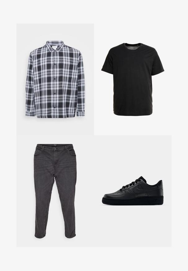 Schwarz-weißer karierten Button-Up-Shirt mit einem klassischen Kragen, langen Ärmeln und einer Brusttasche. Weicher Stoff mit glatter Textur.; Schwarzes Kurzarm-T-Shirt aus weichem Stoff, mit Rundhalsausschnitt und geradem Schnitt, ohne sichtbare Muster oder Grafiken.; Schwarze Denim-Jeans mit geradem Schnitt, ausgestattet mit einem Knopfverschluss, seitlichen Taschen und dezenten Verwaschungen, die einen klassischen Look verleihen.; Schwarzer Nike Air Force 1 Schuh mit einem glatten Lederoberteil, perforierter Zehenpartie für Atmungsaktivität, schwarzen Schnürsenkeln und einer strukturierten Gummisohle.