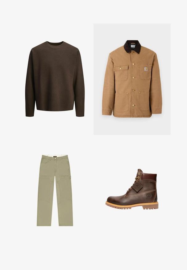 Bruine canvasjas met een donkerbruine corduroy kraag, gouden drukknoopsluiting en meerdere voorkruizen met een logo patch.; Bruine crewneck trui met lange mouwen, gemaakt van een zachte stof. Heeft een relaxte pasvorm en geribbelde manchetten.; Khaki wijde broekspijpen van stevig stof, met grote opgestikte zakken en contrasterende stikseldetails. Knopen sluiting in de taille.; Bruine leren enkelboot met een ronde neus, stevige zool, hardware in goudkleur en een gestructureerde bovenkant. Inclusief een merklabel dat is bevestigd.