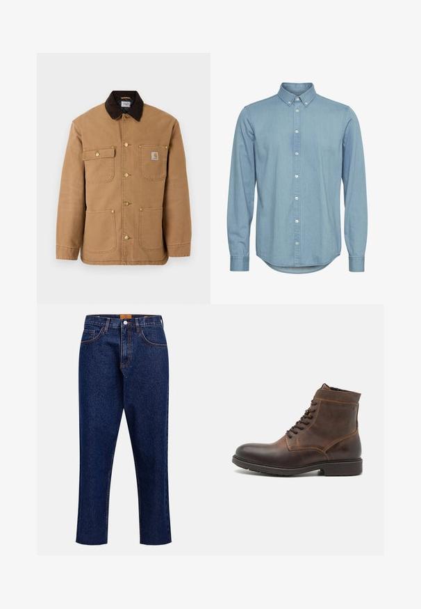 Brun lærred jakke med en mørkebrun fløjlskrave, gyldne trykknapper og flere frontlommer med et logo patch.; Lyseblå denimskjorte med knap-ned krave, lange ærmer og buet kant. Har forkant med hvide knapper.; Mørkeblå denimjeans med lige snit, høj talje, fem lommer og frynset kant. Kontrastsyning og detalje med knaplukning.; Jack & Jones JFWDELANEY BOOT - Snørestøvletter - cognac