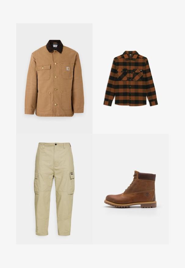 Chaqueta de lona marrón con cuello de pana marrón oscuro, botones a presión dorados y múltiples bolsillos frontales con un parche de logo.; Camisa de manga larga en un patrón de cuadros naranja y negro, hecha de una tela texturizada. Presenta dos bolsillos en el pecho y cierre frontal con botones.; Pantalones cargo beige hechos de una tela duradera, con dos bolsillos laterales, cierre de botón y piernas ajustadas con una textura suave.; Botas de senderismo de cuero marrón con un acabado suave, tobillo acolchado, ojales de metal y suela de goma con un patrón de tracción robusto.
