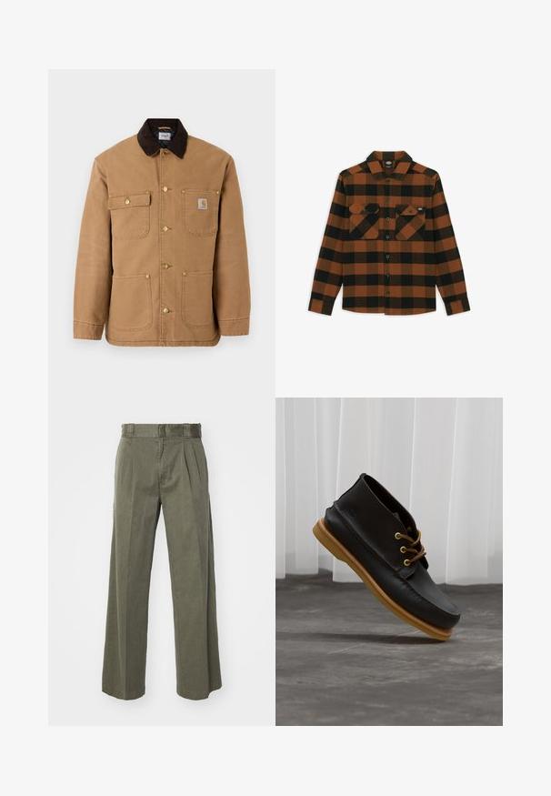 Braune Canvasjacke mit einem dunkelbraunen Cordkragen, goldenen Druckknöpfen und mehreren Fronttaschen mit einem Logo-Patch.; Langärmliges Hemd im orange-schwarz karierten Muster, aus einem strukturierten Stoff gefertigt. Verfügt über zwei Brusttaschen und eine geknöpfte Vorderseite.; Olivgrüne Hose mit einem lockeren, weit geschnittenen Design und vorderen Falten. Hergestellt aus strukturiertem Stoff mit einem normalen Bund und ohne sichtbare Beschläge.; Schwarze Lederschuhe mit glatter Oberfläche, runder Zehenform, braunen Schnürsenkeln und hellbraunen Gummisohlen. Logo an der Seite geprägt.