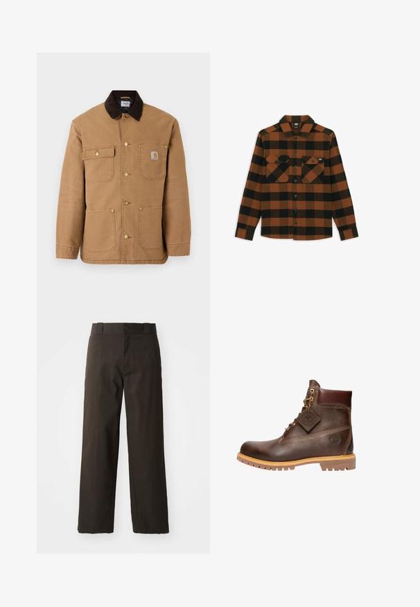 Chaqueta de lona marrón con cuello de pana marrón oscuro, botones a presión dorados y múltiples bolsillos frontales con un parche de logo.; Camisa de manga larga en un patrón de cuadros naranja y negro, hecha de una tela texturizada. Presenta dos bolsillos en el pecho y cierre frontal con botones.; Pantalones de algodón negros con un diseño de pierna recta, que cuentan con un cierre de botón y una cinturilla clásica. Textura suave, sin patrones ni acentos.; Botín de cuero marrón hasta el tobillo con punta redonda, suela resistente, herrajes en tono dorado y parte superior texturizada. Incluye una etiqueta con el logo adjunta.