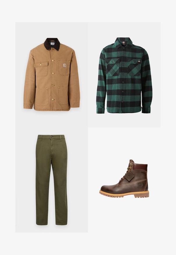 Chaqueta de lona marrón con cuello de pana marrón oscuro, botones a presión dorados y múltiples bolsillos frontales con un parche de logo.; Camisa de franela a cuadros verdes y negros, con mangas largas, cierre de botones en la parte frontal, dos bolsillos en el pecho y cuello clásico. Textura suave, diseño versátil.; Pantalones de algodón verde oliva con corte recto, cierre de botón y detalles de costura mínimos. Textura suave y sin patrones distintivos.; Botín de cuero marrón hasta el tobillo con punta redonda, suela resistente, herrajes en tono dorado y parte superior texturizada. Incluye una etiqueta con el logo adjunta.