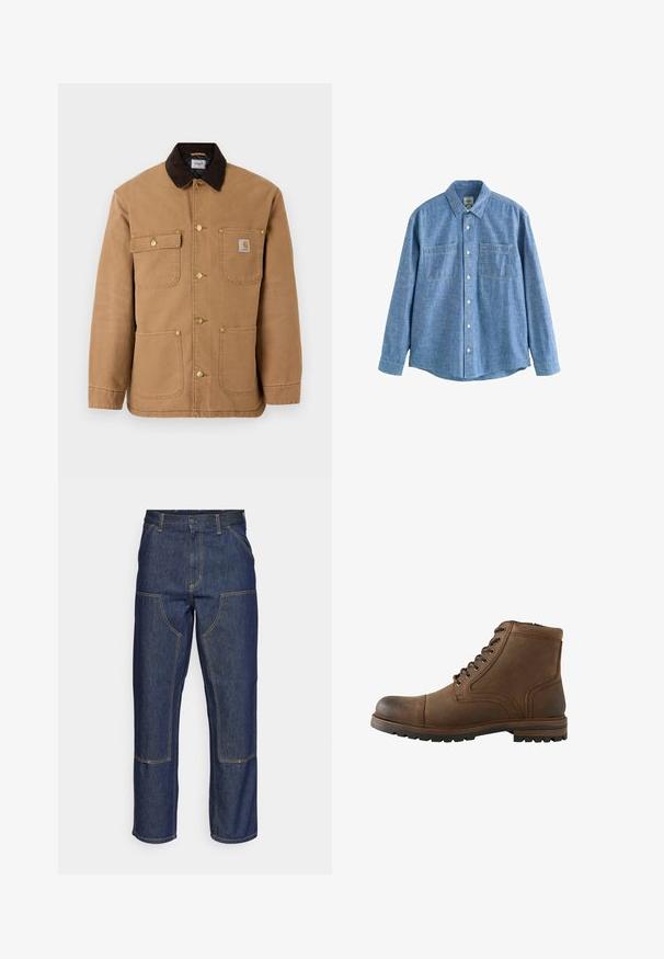 Bruine canvasjas met een donkerbruine corduroy kraag, gouden drukknoopsluiting en meerdere voorkruizen met een logo patch.; Blauw chambray overhemd met lange mouwen, knoopsluiting aan de voorkant en twee borstzakken, plat gelegd op een witte achtergrond.; Donkerblauwe denim jeans met een hoge taille, rechte pijpen, contrasterende stiksels en opgestikte zakken aan de voorkant.; Bruine leren enkellaars met veters aan de voorkant en een robuuste zool, ontworpen voor casual of buitengebruik.