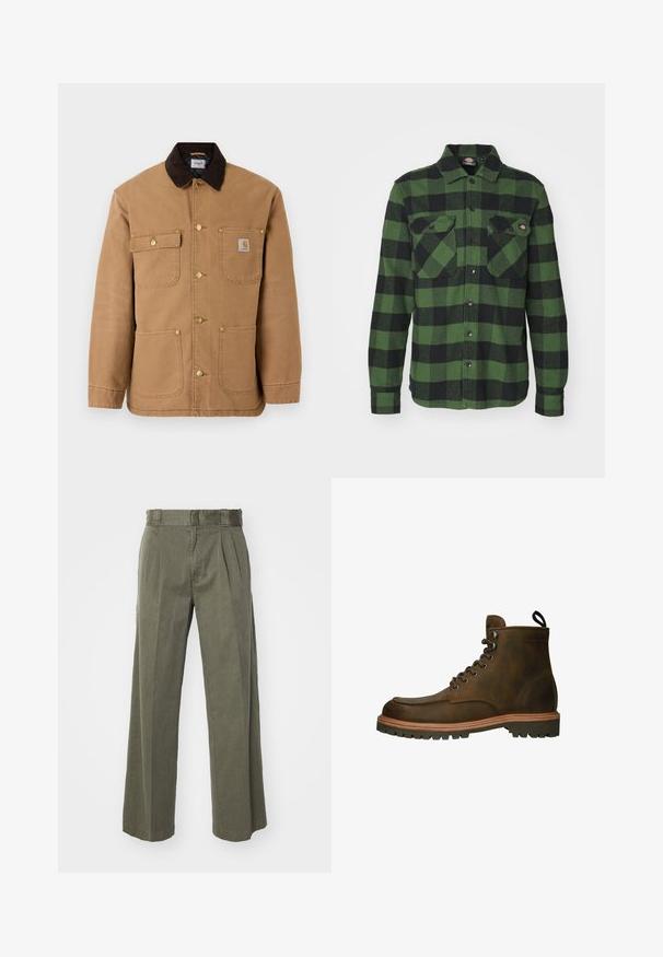Chaqueta de lona marrón con cuello de pana marrón oscuro, botones a presión dorados y múltiples bolsillos frontales con un parche de logo.; Camisa de franela a cuadros verde y negra con dos bolsillos en el pecho, cierre de botones, mangas largas y cuello puntiagudo. Textura suave.; Pantalones verde oliva con un diseño ancho y suelto de pierna ancha con pliegues delanteros. Confeccionados en un tejido texturizado, con una cinturilla estándar y sin elementos metálicos visibles.; Botín de cuero marrón hasta el tobillo con punta redonda, cordones redondos, suela de goma y entresuela de color marrón claro. Cuenta con un lazo en el talón para facilitar su colocación.