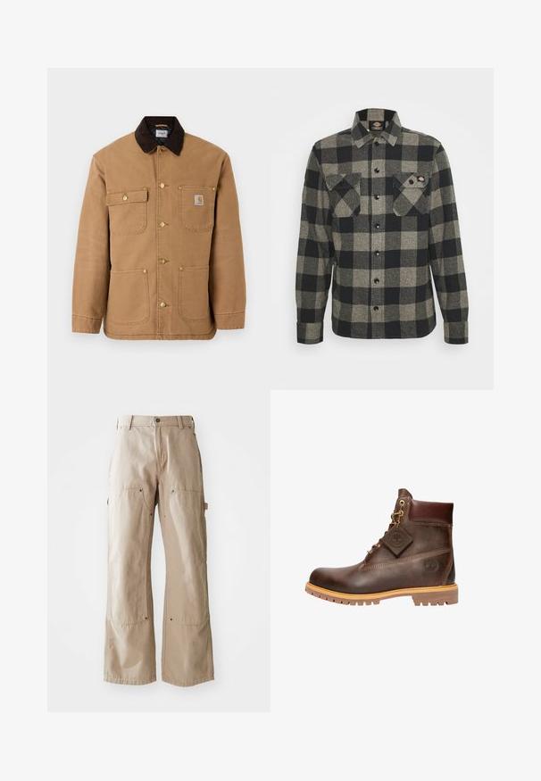 Brun lærred jakke med en mørkebrun fløjlskrave, gyldne trykknapper og flere frontlommer med et logo patch.; Sort og gråternet flannel skjorte med lange ærmer, knaplukning foran, to brystlommer og en let bøjet kant. Struktureret stof.; Beige vide bukser lavet af slidstærkt bomuldsstof. Har for- og sidelommer, synlig syning og metaldetaljer ved lommerne.; Brun læder ankelstøvle med rund tå, solid sål, hardware i guldtone og en tekstureret overdel. Inkluderer et logo-tagfæstet.