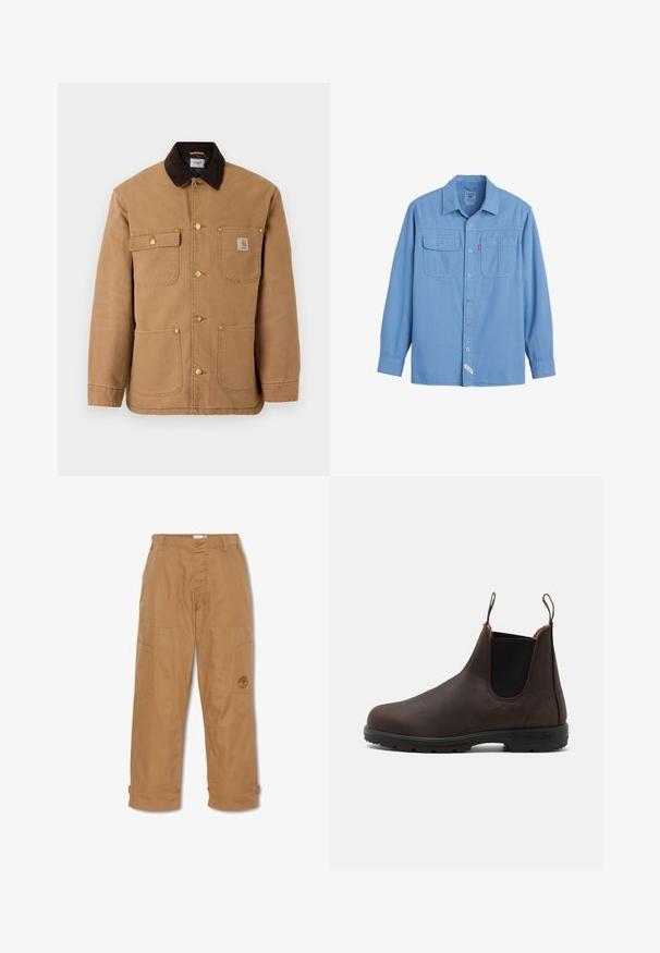 Brun lærred jakke med en mørkebrun fløjlskrave, gyldne trykknapper og flere frontlommer med et logo patch.; Lyseblå langærmet skjorte med knapper, to brystlommer, krave og synlige syningsdetaljer.; Khaki arbejdsbukser, lavet af slidstærkt stof, har flere lommer, knaplukning og broderet logo på låret.; Brun læder ankelstøvle med elastiske sidepaneler og løftestropper, der har en struktureret overflade og en holdbar sort gummisål.