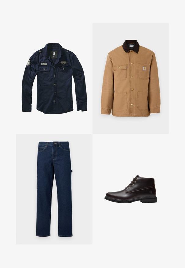 Brun lærred jakke med en mørkebrun fløjlskrave, gyldne trykknapper og flere frontlommer med et logo patch.; Mørkeblå skjorte med knapper, lange ærmer, to brystlommer og broderede patches på venstre skulder og bryst. Glat stofstruktur.; Mørkeblå denim cargobukser med lige ben, sidelommer og kontrastsyning. Har knaplukning og bæltestropper.; Mørkebrun læder snørestøvle til anklen med sort sål og subtilt brandlogo på siden, vist i profil mod en hvid baggrund.