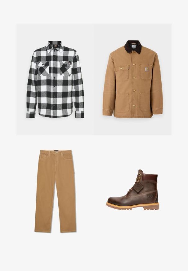 Chaqueta de lona marrón con cuello de pana marrón oscuro, botones a presión dorados y múltiples bolsillos frontales con un parche de logo.; Camisa de franela en blanco y negro con un patrón de cuadros, que cuenta con dos bolsillos en el pecho, cierre frontal con botones y un cuello. Tela suave y texturizada.; Pantalones marrón claro de corte recto con botón y cremallera delanteros, bolsillos delanteros y de moneda, y costuras blancas visibles.; Botín de cuero marrón hasta el tobillo con punta redonda, suela resistente, herrajes en tono dorado y parte superior texturizada. Incluye una etiqueta con el logo adjunta.