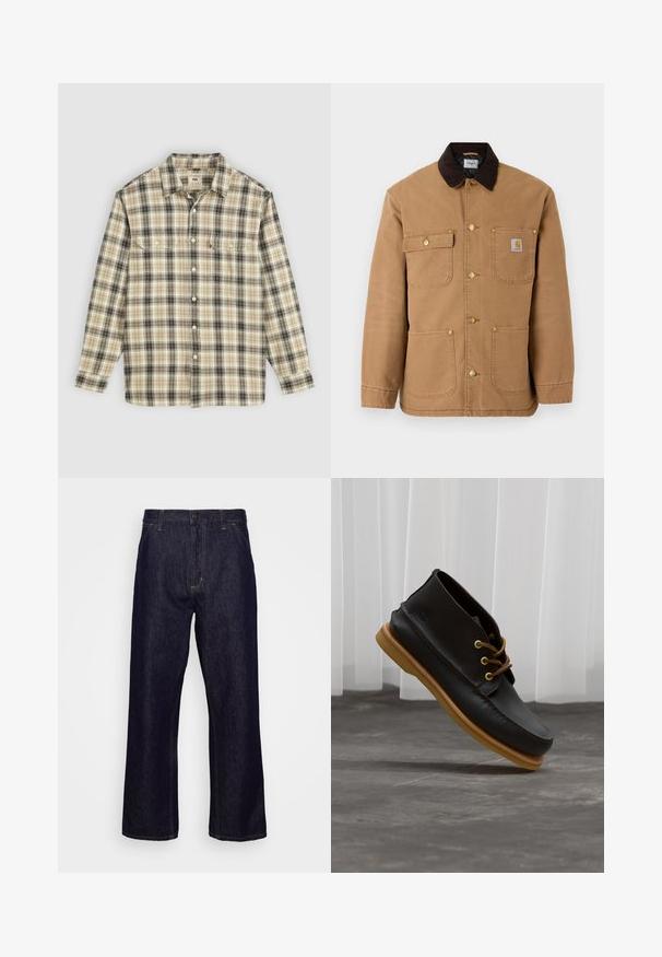 Bruine canvasjas met een donkerbruine corduroy kraag, gouden drukknoopsluiting en meerdere voorkruizen met een logo patch.; Langarm geruite blouse in beige, zwart en bruin stof, met knoopsluiting, twee borstzakken en een klassiek kraagontwerp.; Donkerblauwe denim jeans met rechte pijpen, voorzakken, riemlussen, ritssluiting en knoopsluiting, weergegeven tegen een eenvoudige witte achtergrond.; Zwarte leren schoenen met een gladde afwerking, ronde neus, bruine veters en lichtbruine rubberen zolen. Logo gegraveerd aan de zijkant.