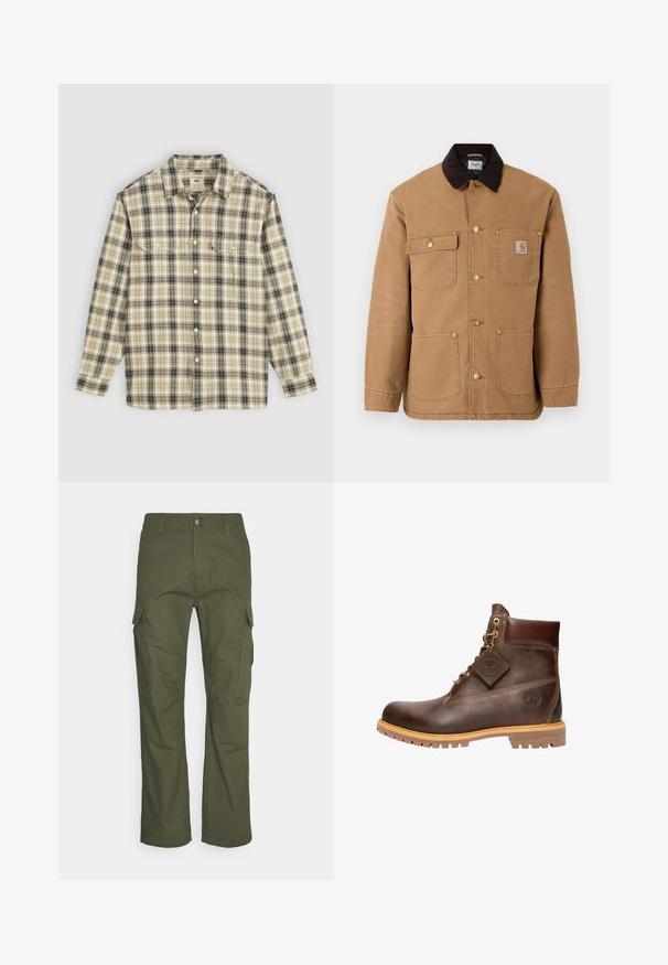 Bruine canvasjas met een donkerbruine corduroy kraag, gouden drukknoopsluiting en meerdere voorkruizen met een logo patch.; Langarm geruite blouse in beige, zwart en bruin stof, met knoopsluiting, twee borstzakken en een klassiek kraagontwerp.; Cargo-broek in donkergroen olijf, met meerdere zijzakken, een rechte pasvorm en een duurzame stof met een gestructureerde afwerking.; Bruine leren enkelboot met een ronde neus, stevige zool, hardware in goudkleur en een gestructureerde bovenkant. Inclusief een merklabel dat is bevestigd.