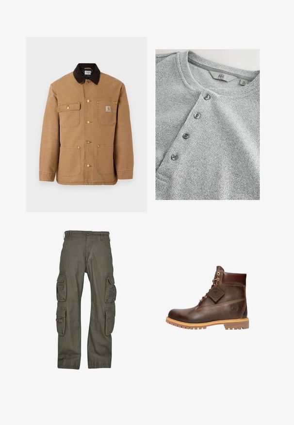 Veste en toile marron avec un col en velours côtelé marron foncé, des boutons-pression dorés et plusieurs poches avant avec un patch logo.; Chemise en tricot gris à manches longues avec col rond, patte de boutonnage à cinq boutons, texture côtelée et design ajusté. L'étiquette indique la taille M.; Pantalon cargo en coton vert olive, doté de multiples poches latérales, d'une coupe décontractée et de coutures renforcées pour une meilleure durabilité.; Bottine en cuir marron avec un bout rond, une semelle robuste, des éléments en doré et un dessus texturé. Comprend une étiquette de logo attachée.
