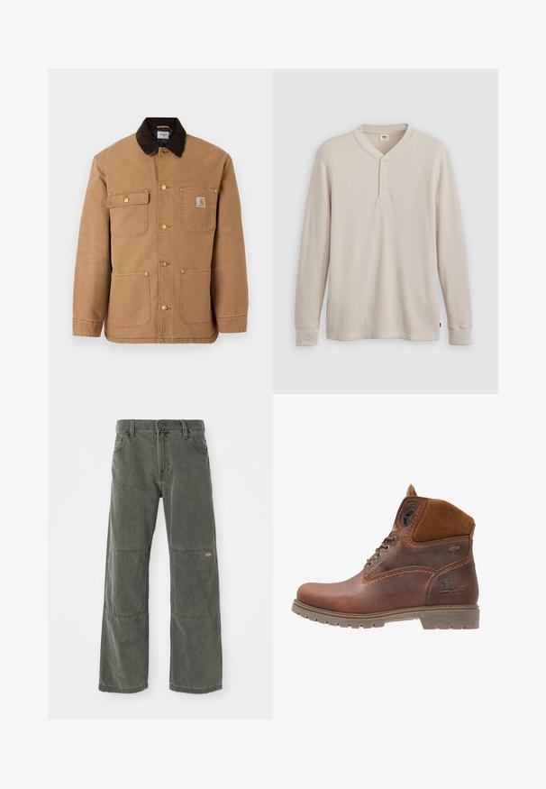 Braune Canvasjacke mit einem dunkelbraunen Cordkragen, goldenen Druckknöpfen und mehreren Fronttaschen mit einem Logo-Patch.; Langärmliges Henley-Shirt aus leicht beigem Rippstoff mit V-Ausschnitt, Knopfleiste mit drei Knöpfen und angeschnittenen Ärmeln. Roter Logo-Tag am Saum.; Dunkelgraue, weit geschnittene Hose aus strapazierfähigem Material, mit Knieschützern, klassischem Druckknopfverschluss und genähten Akzenten.; Braune Leder-Ankle-Boots mit Wildlederakzenten, runder Zehenpartie, schnürbarem Vorderteil, robuster Sohle und geprägtem Logo-Detail an der Seite.