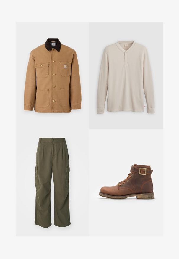Brun lærred jakke med en mørkebrun fløjlskrave, gyldne trykknapper og flere frontlommer med et logo patch.; Langærmet henley-skjorte i lys beige ribbet stof, med V-hals, tre-knap placket og manchetter ved ærmerne. Rød logo-tags ved kanten.; Cargo bukser i olivengrøn, lavet af bomuld, med et bredt ben design, læg og sidelommer til praktisk anvendelse.; Harley Davidson VNTGMOTO SHORT RIDING APPROVED - Cowboy- / bikerstøvlette - brown