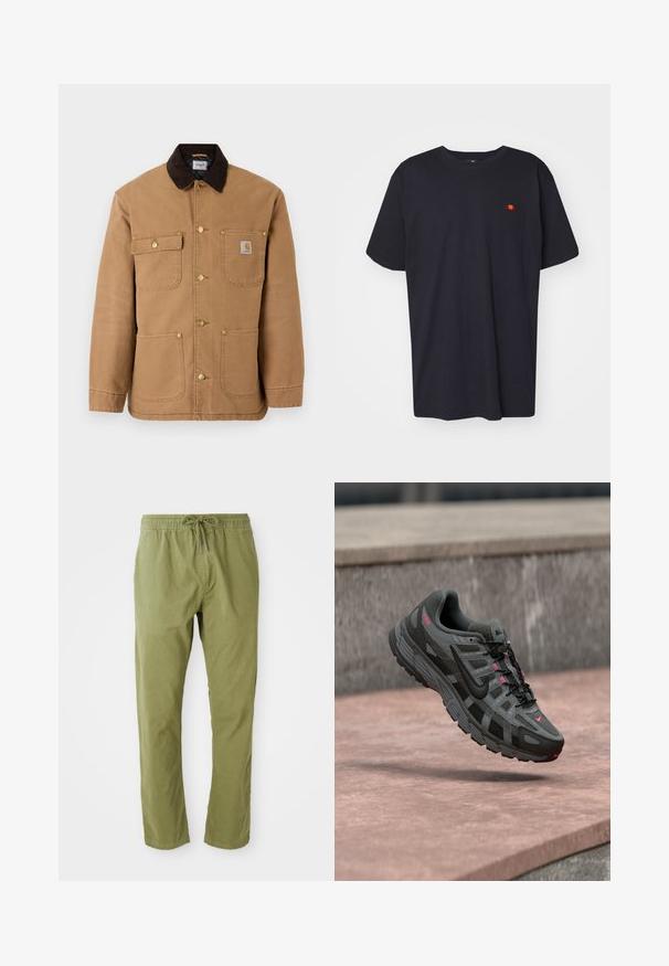 Chaqueta de lona marrón con cuello de pana marrón oscuro, botones a presión dorados y múltiples bolsillos frontales con un parche de logo.; Camiseta de algodón negra con un corte relajado, que presenta un pequeño logotipo bordado en rojo y amarillo en el pecho. Manga corta y cuello redondo.; Pantalones de corte relajado en verde oliva con cinturilla elástica y cordón. Confeccionados en una tela suave con una textura lisa y perneras rectas.; Zapatilla Nike gris y negra con detalles en rosa suspendida en el aire sobre una superficie de piedra, mostrando detalles laterales y superiores.