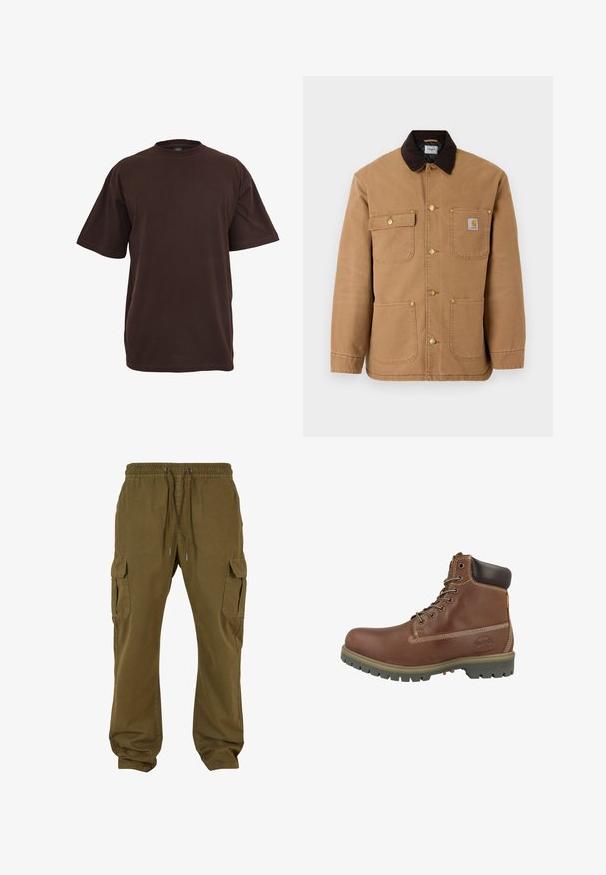 Bruine canvasjas met een donkerbruine corduroy kraag, gouden drukknoopsluiting en meerdere voorkruizen met een logo patch.; Bruine katoen t-shirt met korte mouwen, ronde hals en een relaxte pasvorm. Glad textuur zonder zichtbare patronen of accenten.; Olijfgroene cargobroeken met een elastische tailleband, koordsluiting, twee zijzakken en twee cargozakken op elk been. Katoenen stof.; Bruine leren enkellaars met een afgeronde neus, gevoerde kraag, witte stiksels en een rubberen buitenzool met een gripprofiel.