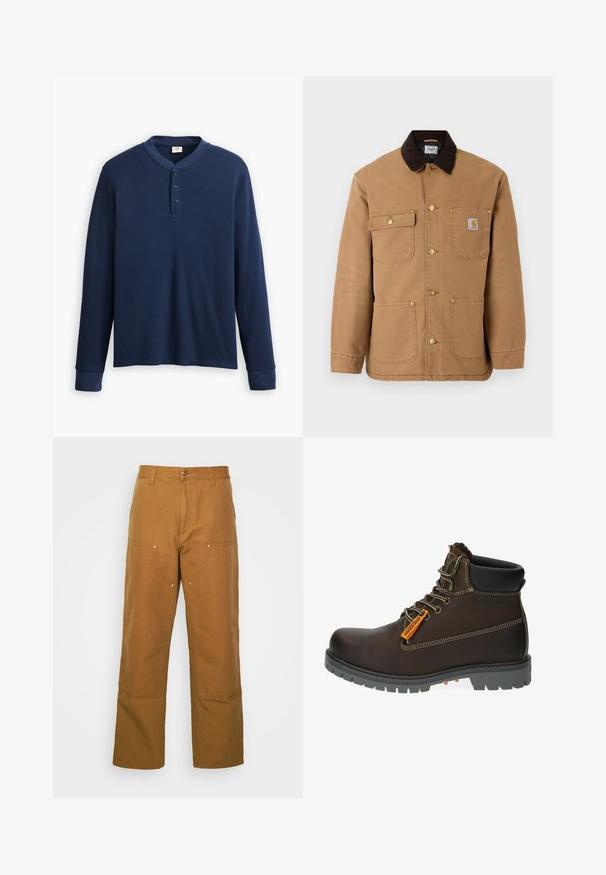 Braune Canvasjacke mit einem dunkelbraunen Cordkragen, goldenen Druckknöpfen und mehreren Fronttaschen mit einem Logo-Patch.; Langärmliges navyblaues Henley-Shirt aus geripptem Stoff. Mit rundem Ausschnitt und einer Knopfleiste mit drei Knöpfen. Die Bündchen sind schmal geschnitten.; Braune Baumwoll-Arbeitshosen mit geradem Bein, die über Vordertaschen und Metallakzente für zusätzliche Strapazierfähigkeit verfügen.; Braune Leder-Stiefelette mit grauem Gummisohle, orangefarbenem Akzent-Label und metallischen Ösen. Verfügt über Kontrastnähte und gepolsterte Schuhkragen.