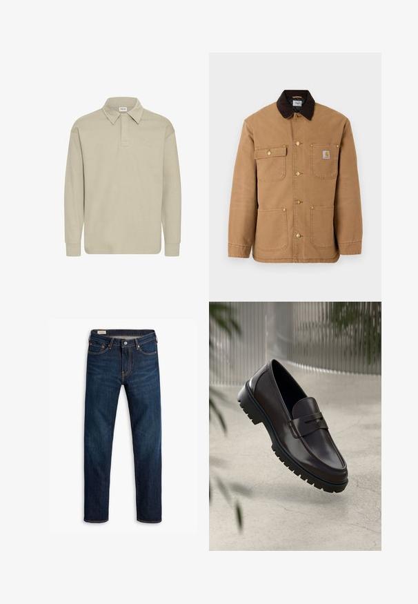 Veste en toile marron avec un col en velours côtelé marron foncé, des boutons-pression dorés et plusieurs poches avant avec un patch logo.; Polo à manches longues de couleur beige clair, avec un col et une texture subtile. Pas de logos ni de motifs visibles.; Jeans en denim bleu foncé avec une coupe droite, présentant des coutures contrastantes orange, cinq poches et une fermeture à bouton à l'avant.; Mocassins en cuir marron avec une semelle en caoutchouc texturée et striée. Présente un design épuré et une sangle décorative sur le cou-de-pied.