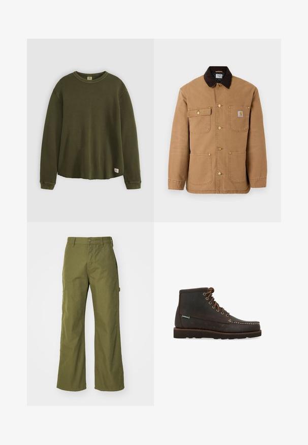 Brun lærred jakke med en mørkebrun fløjlskrave, gyldne trykknapper og flere frontlommer med et logo patch.; Oliven grøn langærmet sweater i et tekstureret, ribbet materiale med rund hals, afslappet pasform og et lille mærke nederst på kanten.; Oliven grønne bukser med bred ben, lavet af slidstærkt stof, med knaplukning, sidelommer og lige kantdesign.; Sebago Snørestøvletter - marrone
