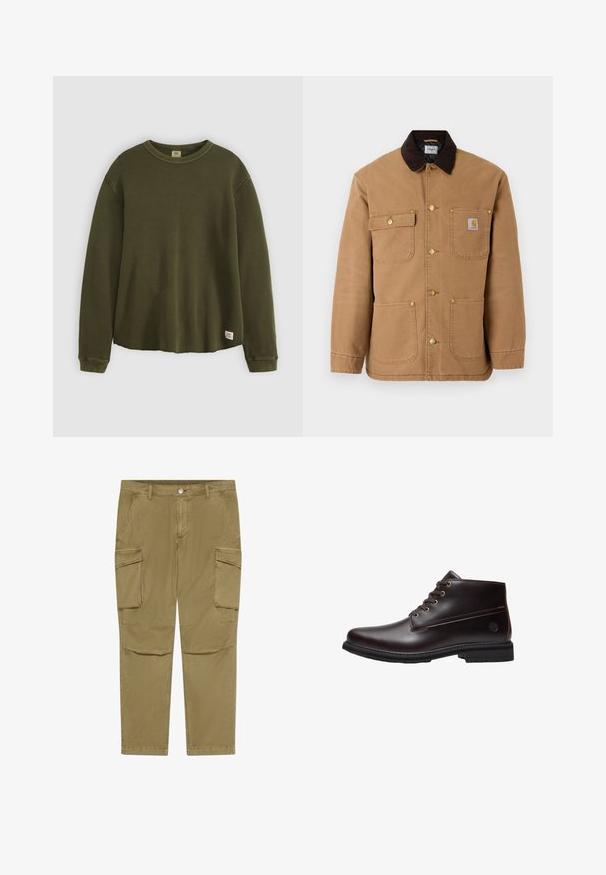Chaqueta de lona marrón con cuello de pana marrón oscuro, botones a presión dorados y múltiples bolsillos frontales con un parche de logo.; Suéter de manga larga en verde oliva, confeccionado en un material texturizado y acanalado, con cuello redondo, corte relajado y una pequeña etiqueta de la marca en el dobladillo inferior.; Pantalones cargo caqui con cierre de botón y cremallera, que cuentan con bolsillos con solapa lateral y bolsillos frontales angulados.; Botín de cuero marrón oscuro con cordones, suela negra y logo sutil de la marca en el lateral, mostrado de perfil sobre un fondo blanco.