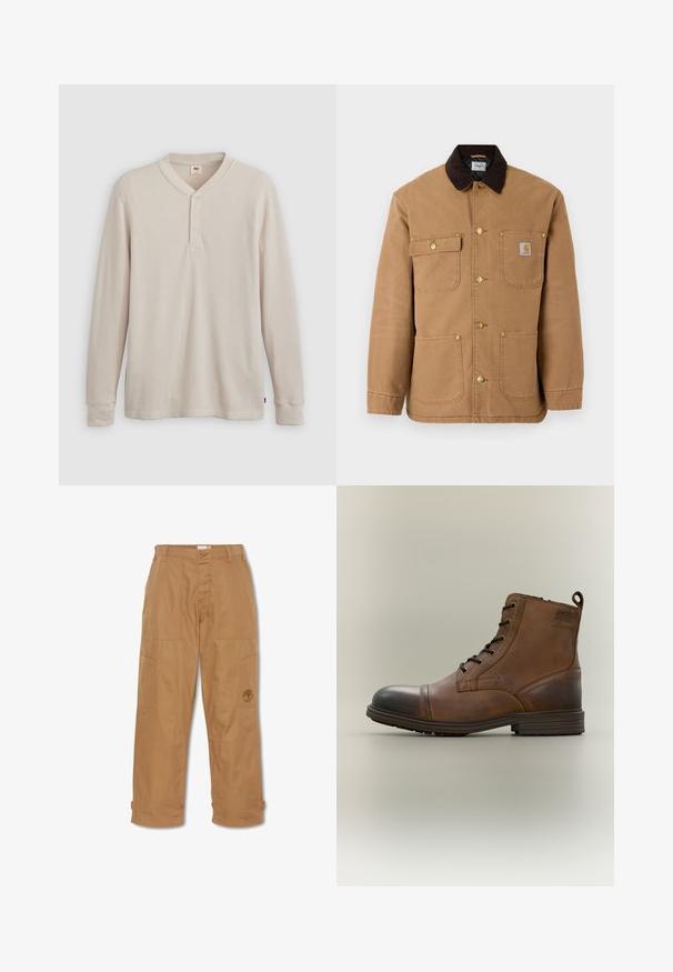 Chaqueta de lona marrón con cuello de pana marrón oscuro, botones a presión dorados y múltiples bolsillos frontales con un parche de logo.; Camisa tipo henley de manga larga en tejido acanalado color beige claro, con escote en V,tapeta de tres botones, y mangas con puños. Etiqueta de logo roja en el dobladillo.; Pantalones de trabajo color caqui, hechos de una tela resistente, cuentan con múltiples bolsillos, un cierre de botón y un logo bordado en el muslo.; Bota de cuero marrón con cordones hasta el tobillo, puntera negra, suela redonda y detalle de marca en el lateral sobre un fondo liso.