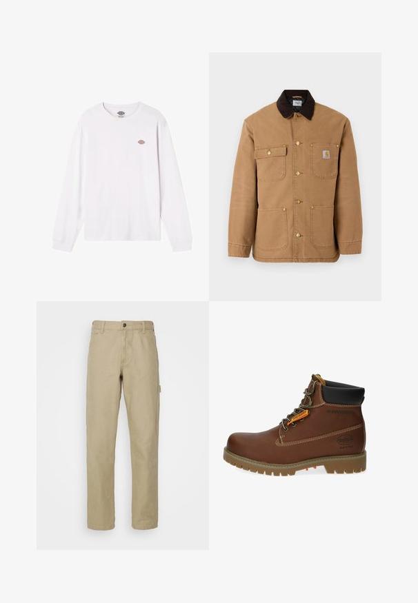 Chaqueta de lona marrón con cuello de pana marrón oscuro, botones a presión dorados y múltiples bolsillos frontales con un parche de logo.; Camiseta blanca de manga larga hecha de algodón. Presenta un pequeño logo multicolor en el pecho. Diseño simple con puños acanalados.; Pantalones de algodón beige con un diseño de pierna recta, que cuentan con un cierre frontal de botón, cinco bolsillos y un bolsillo lateral tipo cargo.; Dockers by Gerli Botines con cordones - cognac