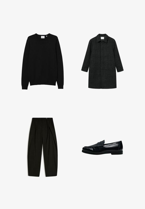 Grå uldfrakke med et ternet mønster, krave, sidelommer og knapmanchetter; lige snit med en midtlængde design.; Sort crew-neck sweater lavet af et glat strikket stof. Har lange ærmer samt ribbede manchetter og kant. Simpelt, ensfarvet design uden mønstre.; Sorte skræddersyede bukser med høj talje, prydet med subtile, lodrette nålestriber og en frontplissédetalje, vist fladt mod en hvid baggrund.; Sort herre penny loafer i læder med syninger på mok-toe og lav hæl, vist i sideprofil på hvid baggrund.
