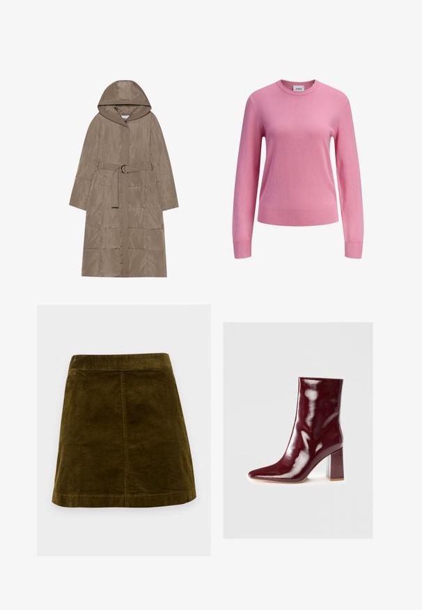 Puffjakke i lys brun, med hætte, bælte i taljen og lodret quiltet mønster. Glat tekstur og lynlås foran.; Lyserød langærmet crewneck-sweater med ribbede manchetter og kant, ensfarvet strikket tekstur og et lille hvidt mærke inde i halsudskæringen mærket JJXX.; Brun kordfløjl mini skirt med lodrette ribber, lige snit og en ren kant. Har en simpel talje uden udsmykninger.; Bordeaux patentlæder ankelstøvle med spids tå og blokhæl med en transparent detalje. Glat tekstur og blank finish.