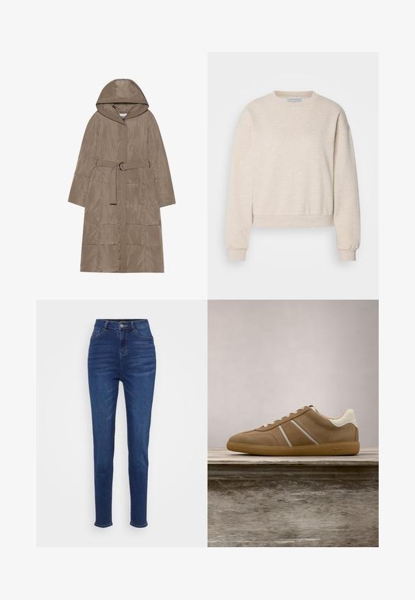 Pufferjack in lichtbruin, met een capuchon, tailleband en verticale quiltpatroon. Inclusief een gladde textuur en een voorkant rits sluiting.; Licht beige sweatshirt gemaakt van zachte stof, met een ronde halslijn, doorhangende schoudernaden en ribgebreide manchetten en zoom.; Hogestraat, slim-fit jeans in donkerblauwe denim. Voorzien van vijf zakken, riemlussen en een knoopsluiting met subtiele vervaging langs de benen.; Bruine leren sneaker met witte accenten, platte veters en een textuurbovenwerk. Lichtgewicht ontwerp en gumrubberen zool. Klassieke sportieve stijl.