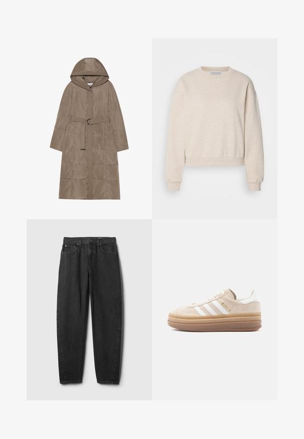 Dicker Mantel in Hellbraun, mit Kapuze, tailliertem Schnitt und vertikalem Steppmuster. Glatte Textur und Reißverschluss vorne.; Helle beige Sweatshirt aus weichem Stoff, mit Rundhalsausschnitt, überschnittenen Schultern und gerippten Bündchen sowie Saum.; Schwarze Jeans aus Denim mit geradem Beinverlauf, ausgestattet mit fünf Taschen, einem Knopfverschluss und dezenten Ziernähten. Klassisches Design und Textur.; Beige Wildleder-Sneaker mit weißen Lederakzenten, versehen mit drei weißen Streifen, einem goldenen Logo und einer dicken, durchsichtigen Gummisohle.