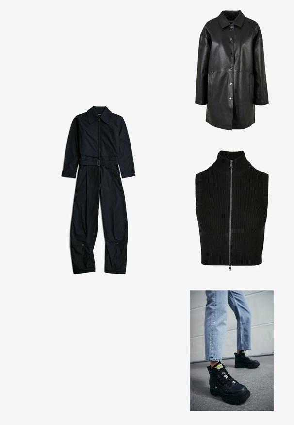 Zwart leren jasje met een kraaghalslijn, drukknoopsluiting, zijzakken en een losse pasvorm met een gladde textuur.; Zwarte jumpsuit met lange mouwen en kraag, ritssluiting aan de voorkant, verstelbare riem in de taille en ritsen nabij de onderkant van brede pijpen op een witte achtergrond.; Zwarte mouwloze top met hoge kraag, geribbelde textuur en volledige rits aan de voorkant. Eenvoudig ontwerp zonder extra patronen of accenten.; Zwarte hoge sneakers met een chunky zool, voorzien van vetersluiting, logo-accenten en gele labels. Gdragend met lichtblauwe cropped jeans.